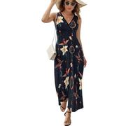 Anceky Robe Longue Maxi d'été pour Femme, à Bretelles Spaghetti et col en V, ornée d'un Attrape-rêves et d'un Colibri.