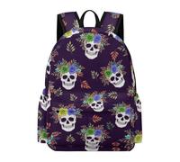 Anceky Sac à dos mexicain à motifs de crânes de sucre et de fleurs violettes, sac à dos léger et décontracté.