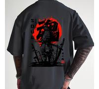 AnChiStreetwear - T-shirt ample à manches courtes pour hommes grande taille, imprimé graphique créatif de samouraï de Tokyo, col ras-du-cou respirant - Tenue quotidienne, manches courtes, mode, minima