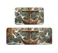 Anchor Sea, Seafaring Seagull Lot de 2 tapis de cuisine antidérapants en bois anti-fatigue pour la maison et le bureau