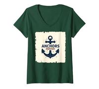 Anchors Aweigh Design Nautique pour Marins T-Shirt avec Col en V, Femme, Vert Forêt, M