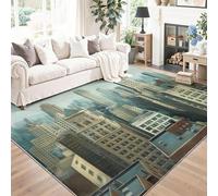 Ancien Tapis de Salon Lavable 120 x 170 cm, Faible Poil Antidérapant Adapté à l'aspirateur avec Motif Ville Architecture Tapis Chambre pour Commercial de Bureau, Kaki