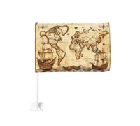 Ancienne carte du monde avec navires de l'océan Drapeau de voiture vintage Clip de fenêtre extérieure 30 x 45 cm Décoration de voiture double face