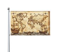 Ancienne carte du monde avec navires de l'océan, drapeaux vintage de cour, maison, bannière de vœux avec œillets, décoration d'intérieur et d'extérieur