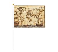 Ancienne carte du monde avec navires de l'océan - Petits drapeaux à main vintage - Mini drapeaux sur bâton pour fête, activités d'équipe, défilés, décoration de vacances - Lot de 10