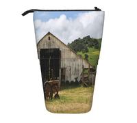 Ancienne grange en bois avec tracteur rouillé debout télescopique trousse à crayons en tissu Oxford portable pour garçons filles adolescents étudiants bureau, Noir , Taille unique