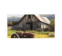 Ancienne grange en bois avec tracteur rouillé pour intérieur et extérieur - Toile de fond d'anniversaire - Fournitures de fête - Fond photo avec œillets - Bannière murale personnalisée