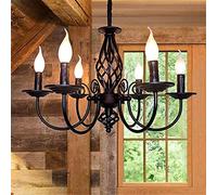 Ancienne Suspension Abat-Jour Rustique Français Classique Aristocratique Pendentif Bougie Lustre Style Maison De Campagne Style Européen Salon Simple Lampe Suspendue En Métal,Noir,6 heads