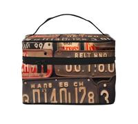 Ancienne trousse de maquillage avec impression de plaque d'immatriculation pour femme - Trousse de maquillage portable avec pochette intérieure et poignée