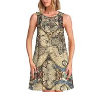 Ancient Map World Globe Print Robe d'été décontractée pour femme, robe gilet, jupe de vacances de plage, robe ronde sans manches tendance, Noir , S