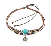 Ancient Tribe Collier ras-de-cou en cordon de chanvre marron fait main avec perle turquoise et pendentif fleur argenté - Ajustable par perle en bois coulissante - 38 cm de tour intérieur