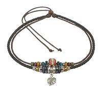 Ancient Tribe Collier ras du cou bohème à double cordon brun en cuir et chanvre avec pendentif feuille et perles décoratives, réglable 37 cm