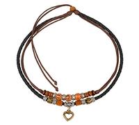 Ancient Tribe Collier Ras du Cou Double Cordon avec Pendentif Cœur Doré, Perles en Bois et Métal, Collier Ajustable en Cuir et Chanvre pour Hommes et Femmes, 38 cm