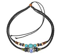 Ancient Tribe - Collier Ras-du-Cou Double Cordon - Cuir Tressé Noir et Corde avec Perle Turquoise, Perles Métalliques et en Bois - 37 cm Réglable, Style Bohème Unisexe