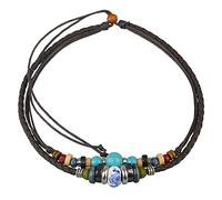Ancient Tribe Collier Tribal Bohème à Double Cordon - Cuir Tressé Marron et Corde de Chanvre avec Perle en Porcelaine, Bois et Métal - Ras-du-Cou Réglable 37 cm Unisexe
