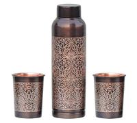 ANCIENTIMPEX Bouteille d'eau en cuivre pur avec 2 gobelets, beau motif floral en forme de maison lumineuse pour les bienfaits de l'Ayurveda pour la santé