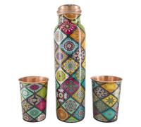ANCIENTIMPEX Bouteille d'eau en cuivre pur avec 2 gobelets pour avantages ayurvédiques avec emballage cadeau - Motif Mandla