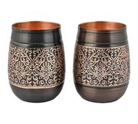 ANCIENTIMPEX Lot de 2 gobelets en cuivre avec motif floral, capacité de 250 ml pour les bienfaits ayurvédiques pour la santé (tonneau).