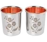 ANCIENTIMPEX Lot de 2 gobelets extérieurs en acier inoxydable et intérieur en cuivre pur style floral pour bienfaits ayurvédiques pour la santé - Capacité de 250 ml, ANC-CT-76
