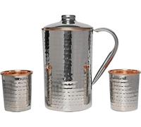 ANCIENTIMPEX Pichet à eau en acier inoxydable et cuivre pur avec 2 gobelets assortis pour bienfaits ayurvédiques pour la santé ayurveda (motif martelé), ANC-CJ-96