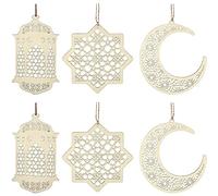 ANCLLO 2 ensembles 6 pièces pendentif en bois ornement Ramadan Kareem décoration lune étoile vent lumière forme pendentif ornement pour Ramadan Mubarak Eid décorations