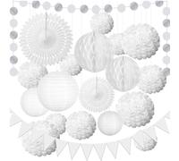 ANCLLO 20 pièces Ensemble de lanternes en Papier Blanc décoration de Mariage Blanc Suspendus Pompons Fleurs en nid d'abeille Boule Fanion bannière
