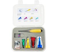 ANCLLO Kit de Fabrication de Biais en Tissu avec alène, Aiguilles à Perles, Pince de Reliure réglable, Presse à Pied - Kit Pratique pour Faire du Ruban Biais - 6 mm, 12 mm, 18 mm, 25 mm