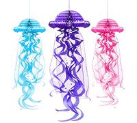 ANCLLO Lot de 3 lanternes en papier à suspendre en forme de boule avec méduses en nid d'abeille - Rose bleu violet