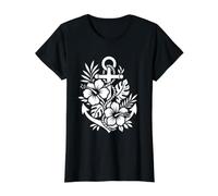 Ancre et Fleurs d'hibiscus Fleurs Blanches Boho Line Art T-Shirt Graphique avec Valeur, Femme, Noir, S