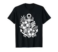 Ancre et Fleurs d'hibiscus Fleurs Blanches Boho Line Art T-Shirt Graphique avec Valeur, Homme, Noir, M