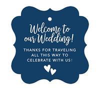 Andaz Press Out of Town Bags Lot de 24 étiquettes cadeaux avec cadre fantaisie, « Welcome to Our Wedding Thanks for Traveling to Celebrate With Us », bleu marine, lot de 24, pour les boîtes à pignon