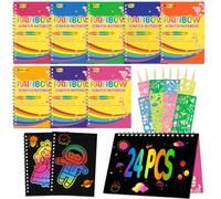 AndCarrotoy 24 Livres d'Art à Gratter Dessin Enfants, Scratch Art kit Gratter Papier pour Écriture avec 24 Règles de Gabarit de Dessin,24 Stylets en Bois pour Cadeau d'anniversaire pour garçons Filles