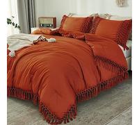 Andency Parure de lit 3 pièces légère et Moelleuse de Style bohème avec Pompons en Terre Cuite, Toutes Saisons, pour très Grand lit, Orange brûlé (Couette de 264,2 x 228,6 cm, 2 taies d'oreiller)
