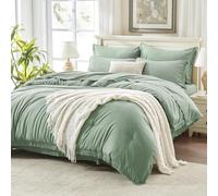 Andency - Parure de lit 7 pièces à Franges de Style bohème Douce et légère pour lit Queen Size avec édredon, draps, taies d'oreiller et Housses décoratives, Vert Sauge - Toutes Saisons