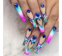 ANDGING Ombre Purple Press On Ongle Cercueil long bout français faux ongles avec strass bleu courbé tourbillon design cœur colle sur ongles faux ongles acrylique avec colle