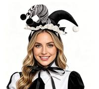 ANDHOM Serre-tête de bouffon d'Halloween pour femme, chapeau bibi avec volants en dentelle et pompon, accessoire arlequin rayé noir et rouge, accessoire de carnaval et de cosplay