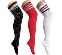 ANDIBEIQI 3 Pack Chaussettes à Triple Rayures Cuisse Hautes Femme, Extra Longues Cuissardes Avec Diamant