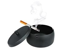 Andiker Grand cendrier avec couvercle en métal, antidérapant, coupe-vent, cendrier en acier inoxydable pour cigarettes, cendrier de table noir pour la maison, le bureau et l'intérieur