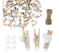 Andiker Lot de 50 Mini Pinces à Linge en Bois Naturel avec Ficelle de Jute de 10 m - Crochets à Suspendre - décoratifs pour fête de Mariage, Support Photo, décoration de Cartes et Artisanat