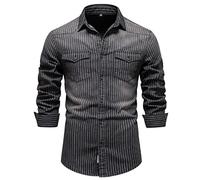 Andiwa Chemise vintage en jean à rayures pour homme - Chemise boutonnée à manches longues - Style rétro délavé, Noir , M