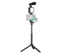 Andoer Kit de Prise de Vue Vlog Mini Lampe vidéo LED + Microphone à condensateur Super cardioïde + Clip de téléphone Rotatif + Trépied + Obturateur à Distance avec 3 Niveaux de luminosité réglable