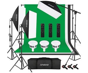 Andoer Kit de studio photo, 2 mx3 m, système de support de fond avec boîte à lumière, lumière constante, sac de transport pour portraits, photographie de produits et enregistrement vidéo