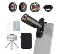 Andoer Kit d'objectifs pour appareil photo de téléphone 4 en 1 avec objectif téléobjectif 22X, objectif fisheye 205°, objectif grand angle 4K 0,67X, objectif macro 25x, clip d'objectif et bord pour