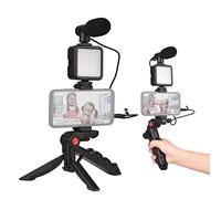 Andoer Kit Vlog pour smartphone, Mini lumière vidéo LED + microphone cardioïde + clip pour téléphone extensible + trépied avec luminosité réglable pour Live Streaming Vlog Tournage vidéo conférence