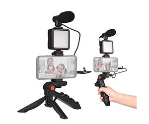 Andoer Kit Vlog pour smartphone, Mini lumière vidéo LED + microphone cardioïde + clip pour téléphone extensible + trépied avec luminosité réglable pour Live Streaming Vlog Tournage vidéo conférence
