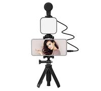 Andoer Smartphone Vlogging Kit support téléphone trépied + microphone + lumière vidéo + clip + câble audio de 3,5 mm TRS vers TRRS pour l'enregistrement de vidéos en streaming en direct