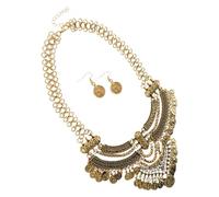ANDRESLAD Ensemble Collier Plastron Ethnique Femme avec Pièces Vintage et Pompons Fluides Chaîne Épaisse Dorée Courte Boucles D’Oreilles Assorties Bijoux Punk Bohème pour Tenues