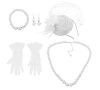 ANDRESLAD Ensemble pour Tea Party Femme Blanc Comprenant Chapeau-Voile Vintage Moufles en Dentelle Collier et Bracelet de Perles Accessoires de Tête Coordonnés pour Mariage et Événements