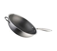 ANDRESLAD Wok en Acier Inoxydable 34 CM à Fond Plat Nid d'Abeille Double Poignées Compatible Cuisinière à Induction Gaz et Électrique Poêle Antiadhésive Facile à Nettoyer Cuisine