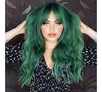 ANDRIA Perruque verte avec frange - Couleur bleue - Cheveux longs et ondulés - Cheveux synthétiques ondulés - Résistants à la chaleur - Noir ombré vert - 66 cm
